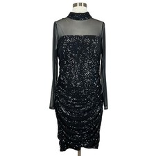 Eliza J Women's Cocktail Dress Size 8 Black Sequined Long Sleeve Midi Sheath