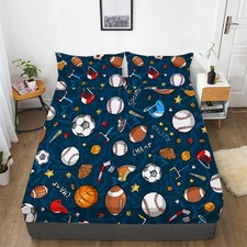 Boys Sports Fitted Sheet Full Size 3D Soccer Basketball Baseball Football Bed...