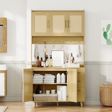 Rattan Pantry Cabinet 71 In, Boho Hutch with 3 Drawers & 6 Hooks for Living Room