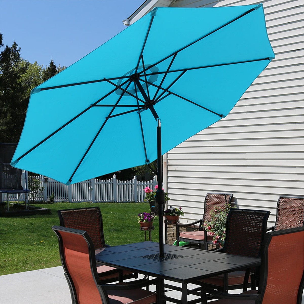 9ft blue patio umbrella Outdoor Patio Umbrella with Push Button Tilt & Crank UV Protection Waterproof Market Umbrella for Backyard & Poolside Blue / Single