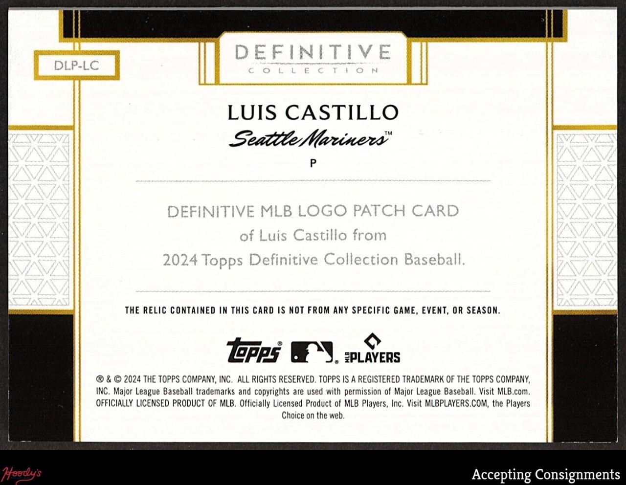 2024 Topps Definitive MLB Logo Luis Castillo GAME USED LOGOMAN TAG PATCH 1/1 view 2