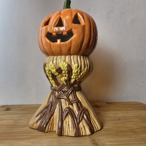 Vintage 1978 signierte Keramik Jack O Laterne 8" Kürbis Weizen Basis Halloween Dekor - Bild 2 von 23