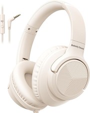 Headphones Wired with Microphone, Over Ear Foldable 3.5mm Plug in Beige White