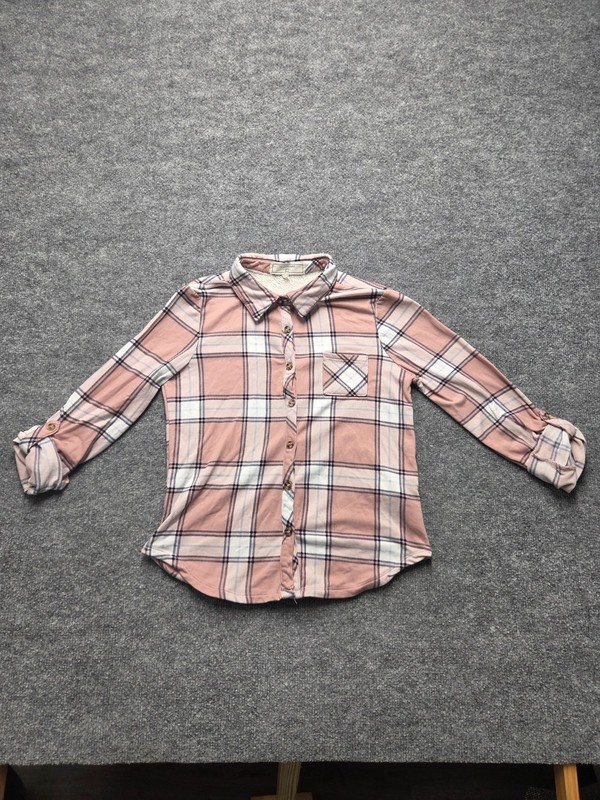 No Comment Plaid Flannel Shirt Girls Sz XL Pink White Button Up Sherpa Lined Top