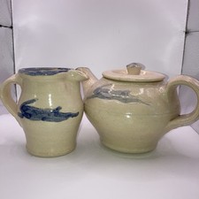 Vintage Studio Pottery Teapot & Milk Jug Blue Hare Rustic Handmade