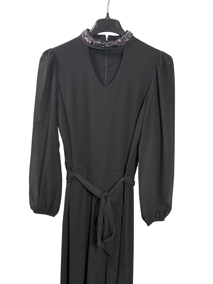 Lisa Rinna Collection Black Long Sleeve Jumpsuit Beaded Collar Tie Waist US S - Image 2 of 4