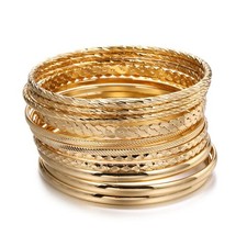 Bohemian Gold Bangle Bracelets Set for Women - Multi Layer Stackable Textured Br