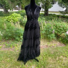 Windsor Long Black Velvet Dress Slits Lace Mesh Overlay Deep V M Goth Alt Girl