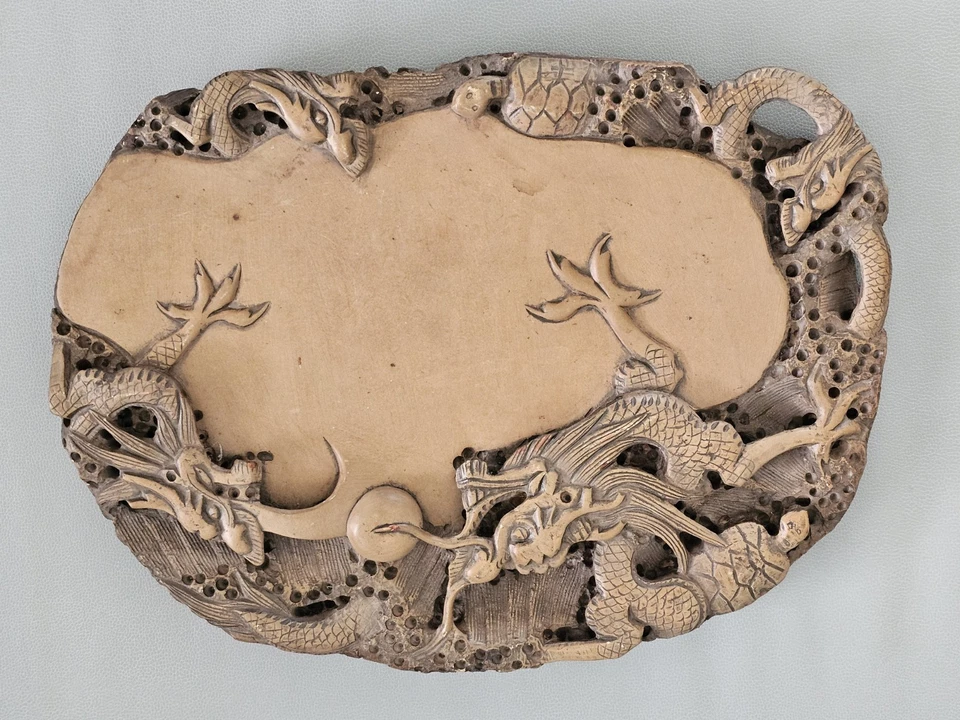 Antigua piedra de tinta china de la dinastía Qing tallada dragón y tortuga 16"x12"x2" 16 lb Foto 2 de 4