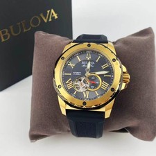 New Bulova Marine Star 98A272 Black Dial Silicone Strap Men's Automatic Watch