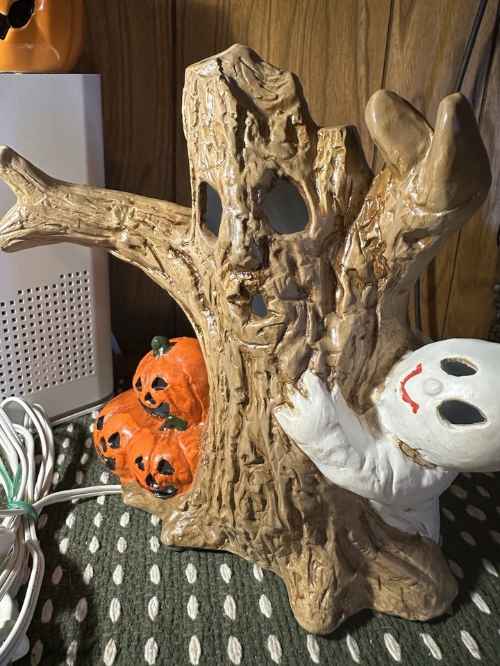 Halloween Light Up Ceramic Scary Tree Ghost Jack O Lantern JOL | eBay