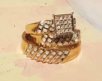 Gelbgold und Diamant Hochzeitsbänder & Verlobungsring Herren & Damen Trio Set
