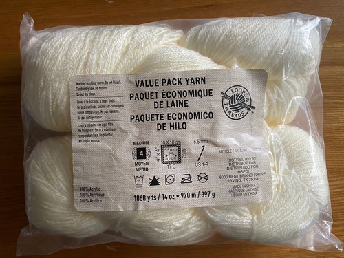 LOOPS & THREADS VALUE PACK YARN - CREAM -14 OUNCES-2 SKEINS - 1060 YARDS/ HANKS