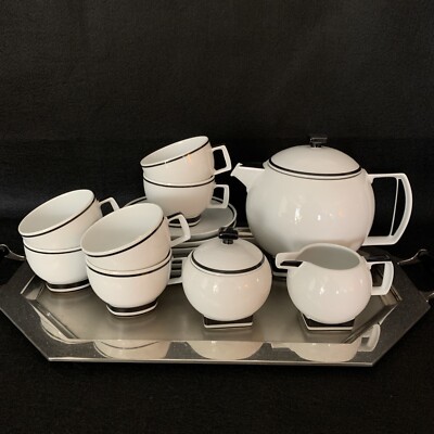 1980s W. Germany Art Deco Tea Set, Seltmann Weiden Bavaria, Service/6, Pot, C&S