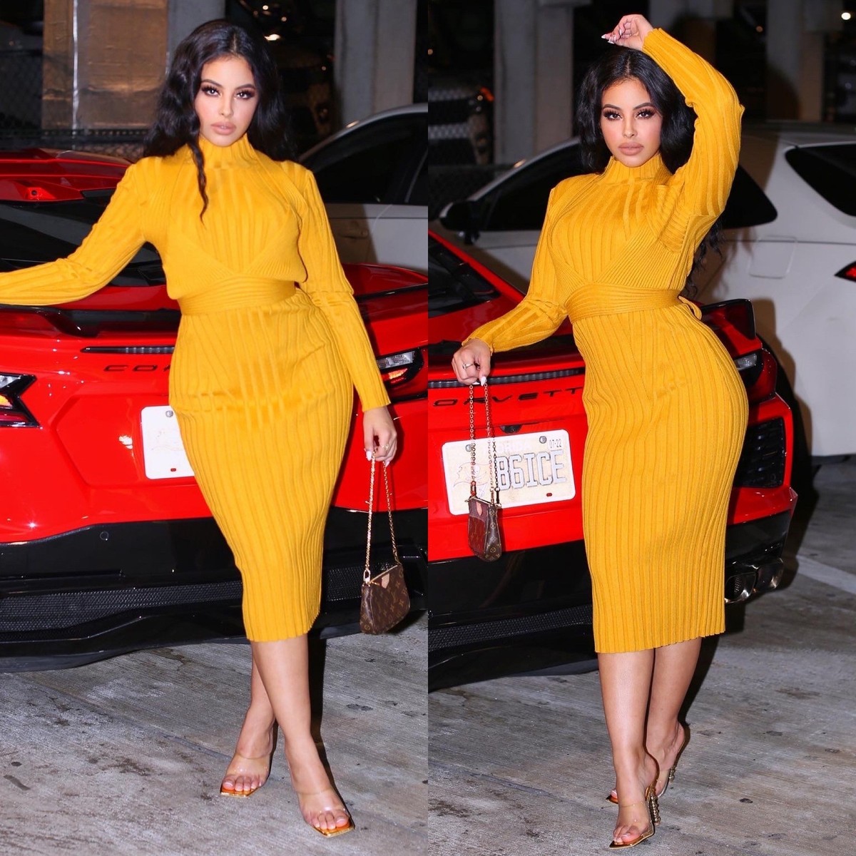 warm colors dress for ladies Sexy Womens Mock Neck Long Sleeves RIB KNIT Midi Mustard warm tone colors clothes