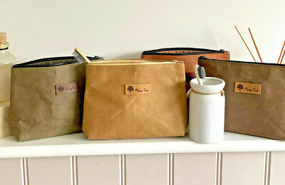 Kosmetiktasche waschbar Kraftpapier Reißverschluss Beutel Schminktasche Vegan Leder Geschenk 