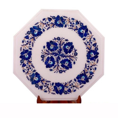 12 Inch Handmade Marble Coffee Table with Pietra Dura Marquetry Decor