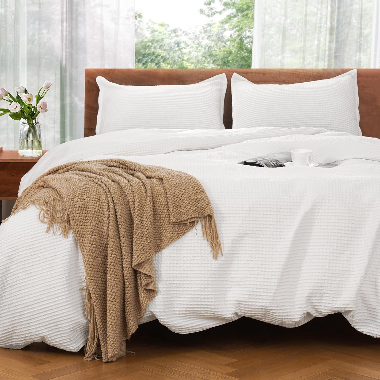 Duvet Cover Set Queen Size 100% Cotton,White Waffle Weave Soft and Breathable 3-image