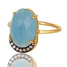 Natural Blue Chalcedony Prong Set Ring 18K Gold Plated Sterling Silver Jewelry