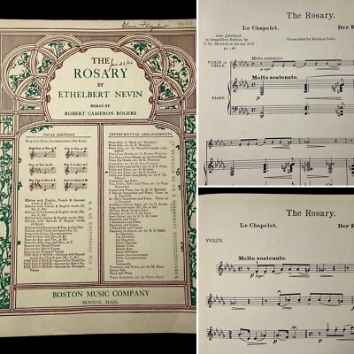 THE ROSARY Piano Violin Cello Sheet Music 1903 Boston Music Co. NEVIN STRUBE
