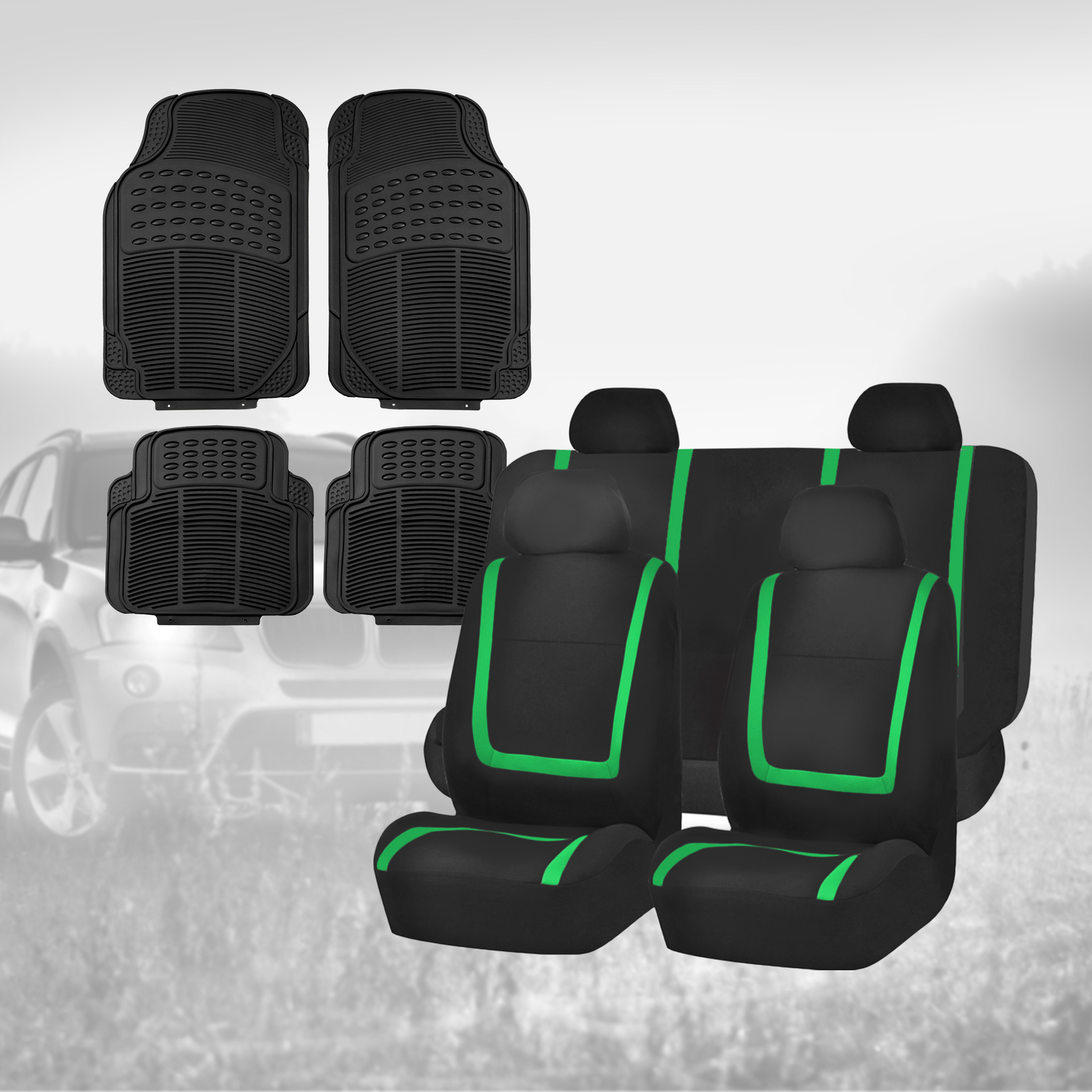 Black Green Car Seat Covers with Black Floor Mats Combo for Auto Car SUV