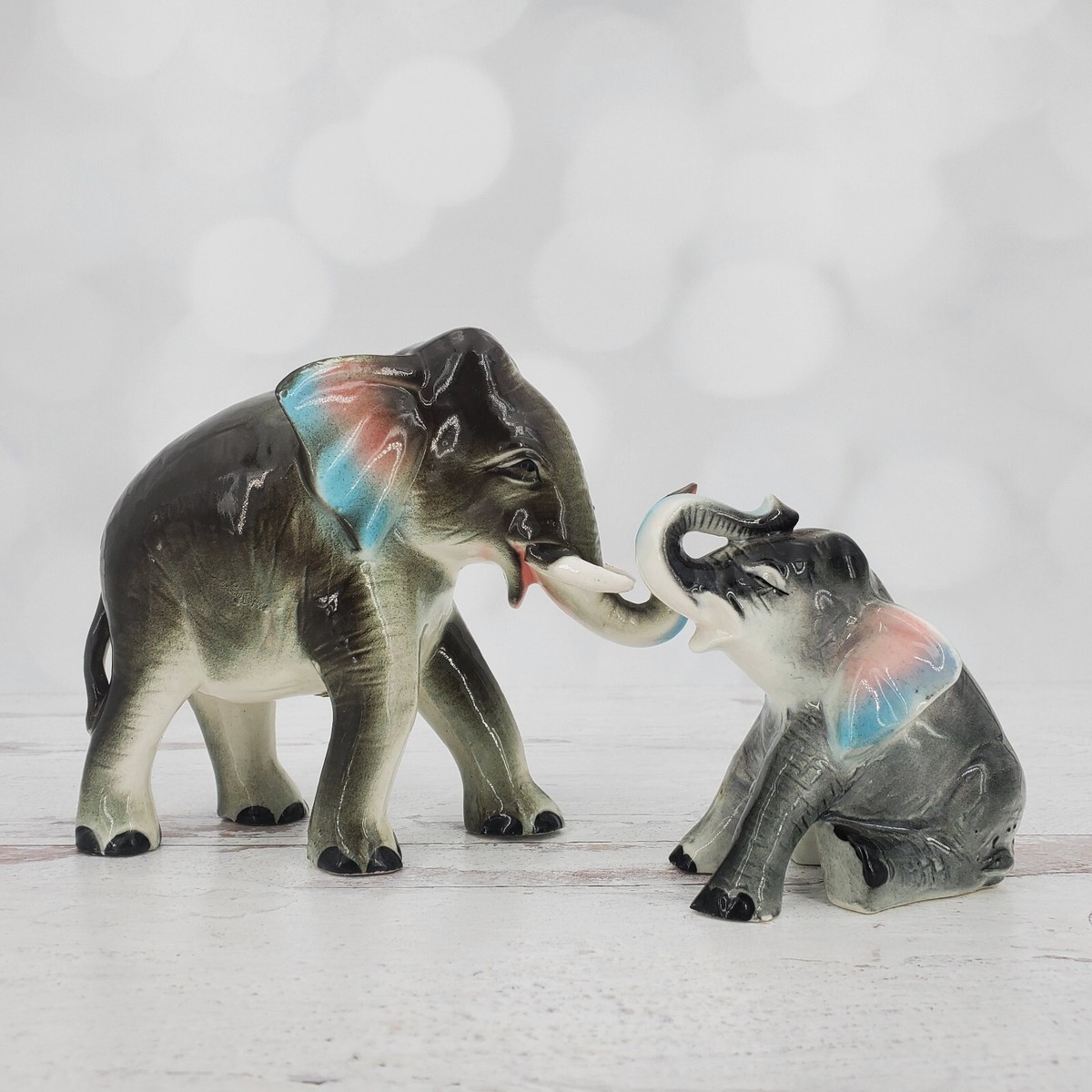 Vintage Elvin Japan Blue Pink Elephant Ceramic Mom Baby Figurines