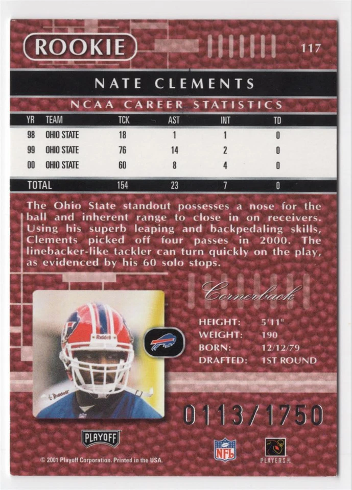 2001 Playoff Absolute Memorabilia Nate Clements Rookie 0113/1750 Buffalo Bills - Image 2 of 2
