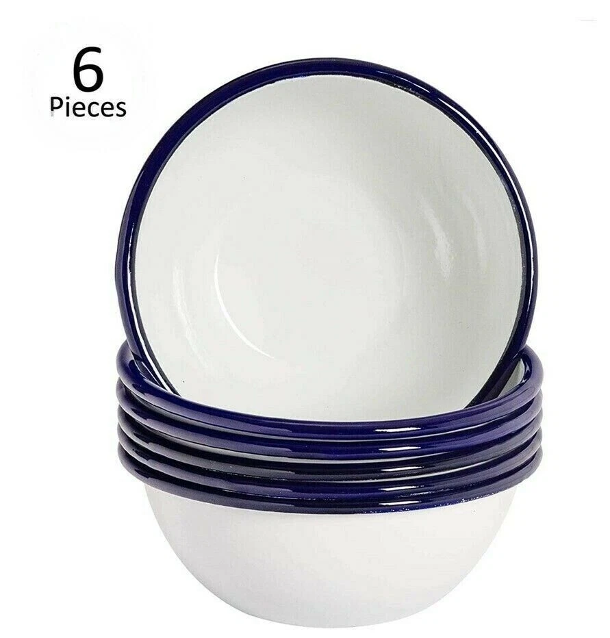 6 x White Enamel Cereal Pudding Bowls Outdoor Camping Tableware Baking Pie Dish