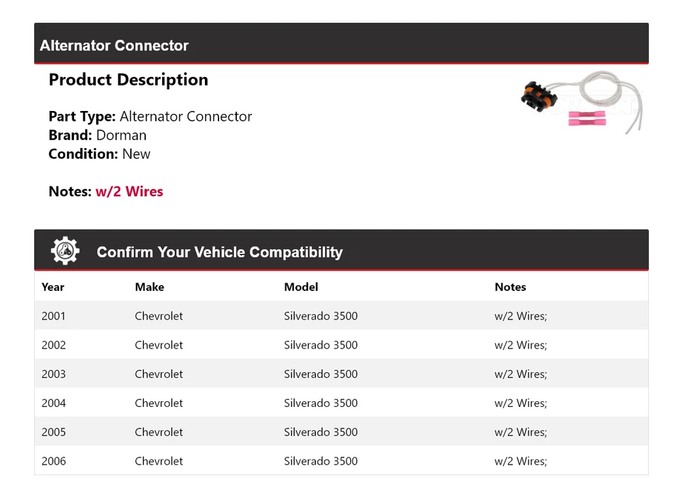 For 2001-2006 Chevrolet Silverado 3500 Dorman Alternator Connector 2002 2003 - Image 2 of 4