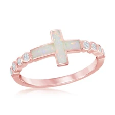 White Inlay Opal Sideways Cross Half CZ Band Ring - Rose Gold Plated