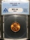 1951-D  Lincoln Cent - RPM-009  #9 ANACS MS64 red