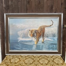 Fab Kitsch Oleograph Painting Siberian Tiger 70s 