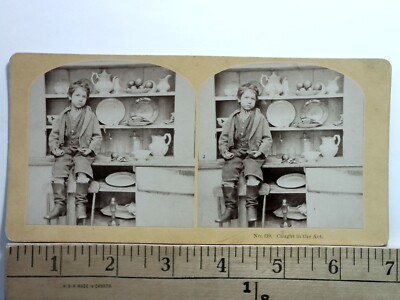 Boy Caught Stealing Cookies Stereoview Antique c1870s Y20216