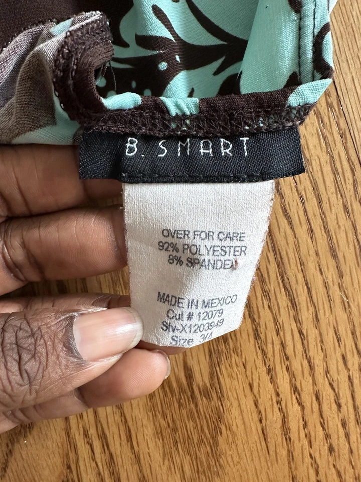 B Smart Colorful Floral Brown Green Belted Dress Deep V Neck Size 4 Stretchy - Image 4 of 4