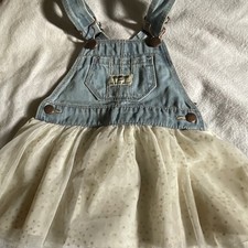 OshKosh B'gosh Girls 12M Denim Overall Dress Blue/White Polka Dot Glitter