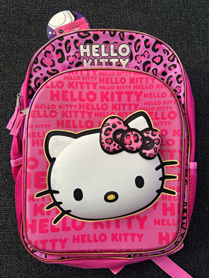 Hello Kitty Girls Large 16  Pink Leopard Print Polyester Backpack Zip Bottle