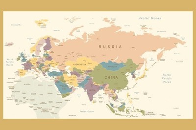 Laminated Vintage Map of Eurasia Travel World Map with Cities in Detail Map Post