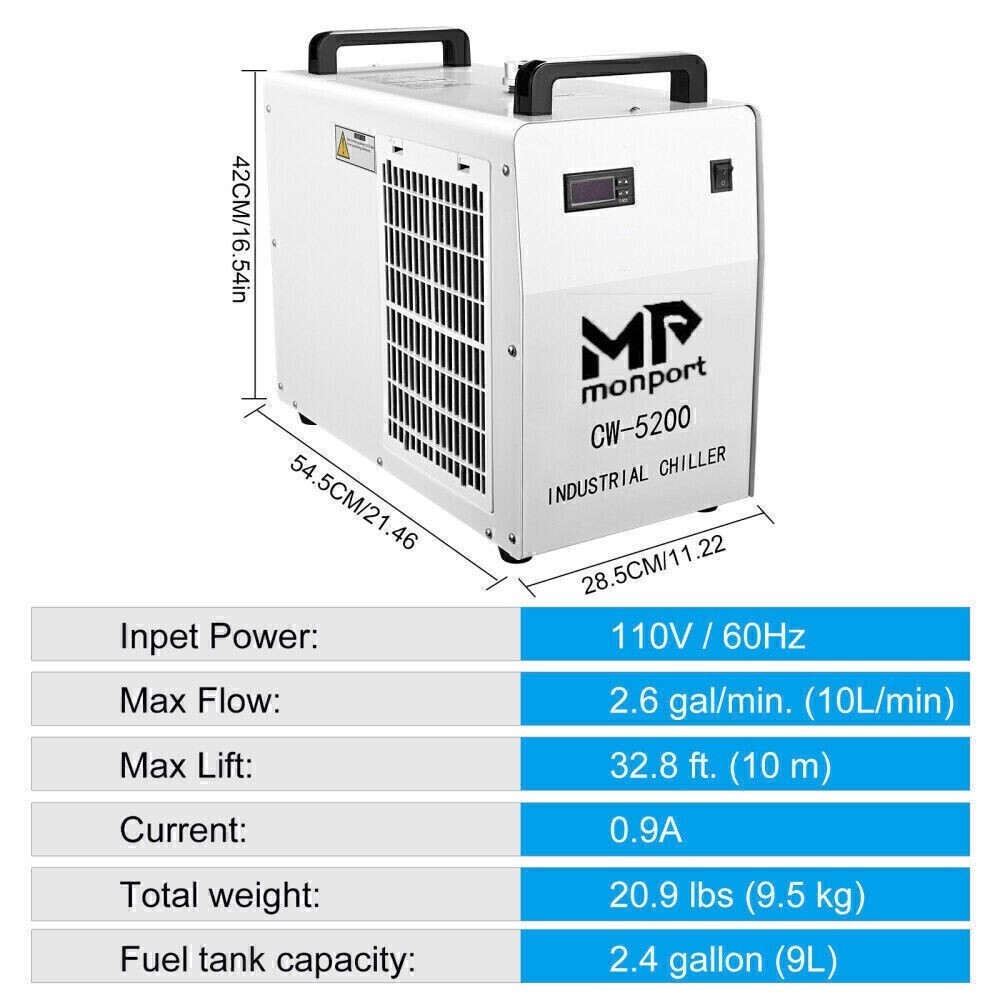 Monport 6L Water Chiller CW-5200 for 50W-150W CO2 Laser Tubes CO2 Laser Engraver