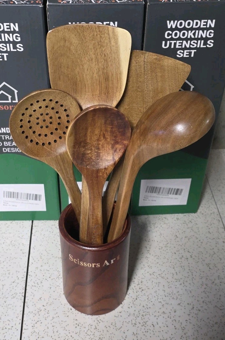 Scissors Art Hand Made 6pc Acacia Kitchen Utensil Set with Holder New In Box-image