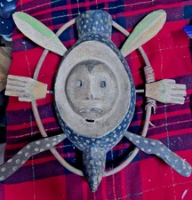 Vintage Alaskan Native Yupik  hand carved wooden mask 14" x13" 8 pieces Stunning