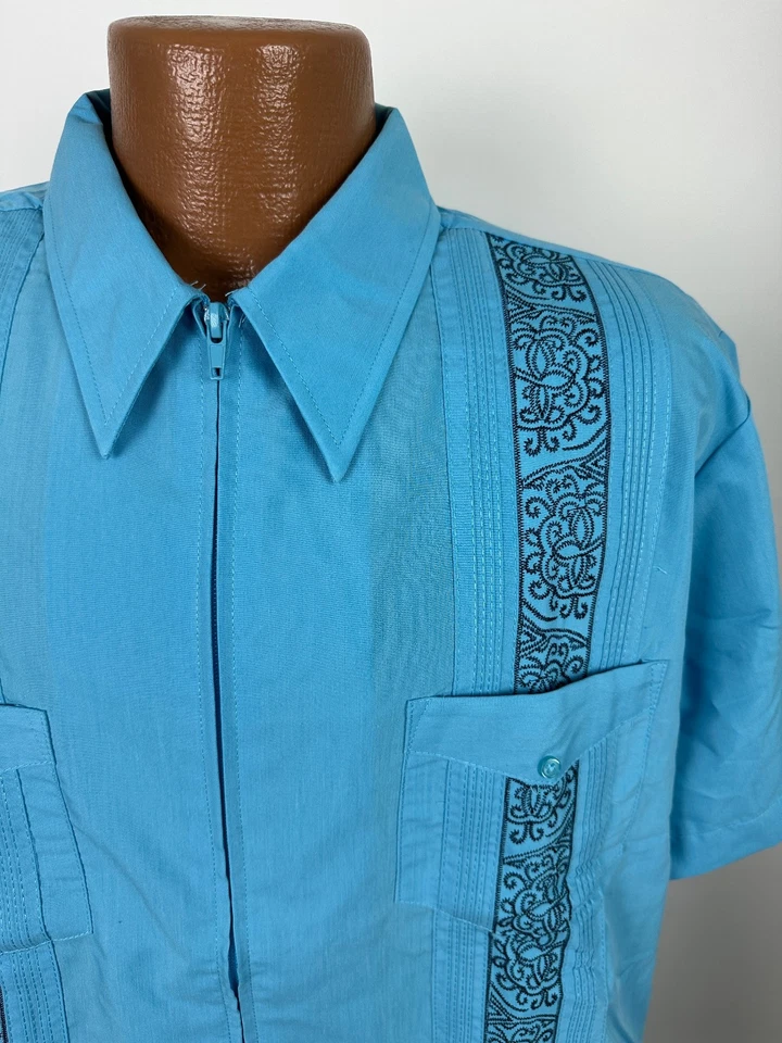 Guayabera Shirt Men L Blue Full-Zip Embroidered Paisley Cuban Wedding Haband NEW - Image 3 of 4