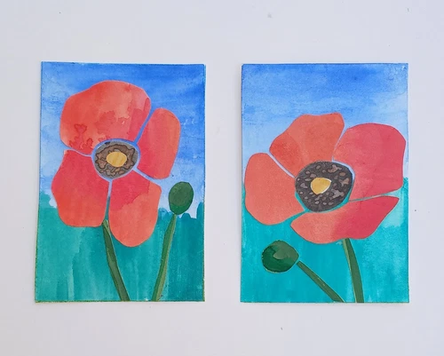 ACEO Original Watercolor Collage "A Pair Of Poppies" Set CreativelyBusyHands
