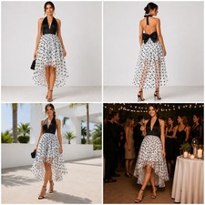 ASOS Black White Polka Dot Halter Hi Low Dress Size 2 Open Back Bow NWT