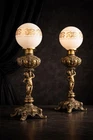 Antique Cherub Figural Banquet Lamps Pair Milk Glass Globe Victorian