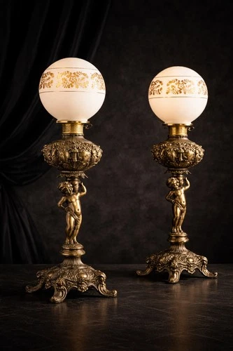 Antique Cherub Figural Banquet Lamps Pair Milk Glass Globe Victorian