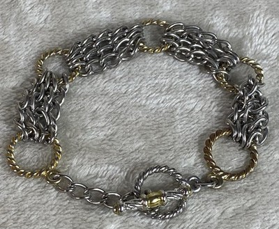 Silver And Gold Tone Chain Link And Ribbed Toggle Clasp Bracelet Fashion Jewelry