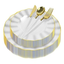 Plastic Plates Gold Rim 150 PCS Set Clear Heavy Duty Dinnerware 30 Guests