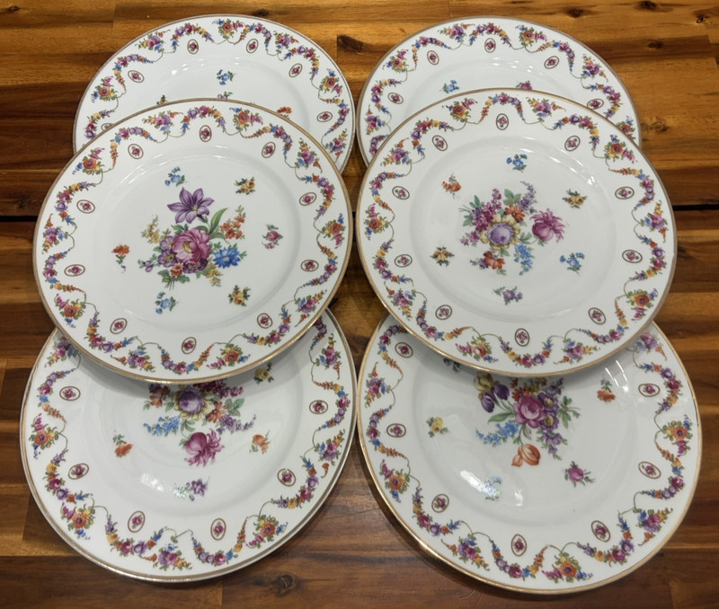 Set of 6 Schumann Bavaria Old Dresden Dinner Plates 11" Floral Gold Trim