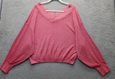 We The Free Waffle Top Womens XS Pink Cropped Oversized Dolman Sleeve Ribbed Hem