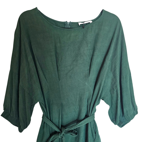 ST FROCK emerald green linen blend midi dress women's size 14 half sleeve belted - Picture 4 of 7